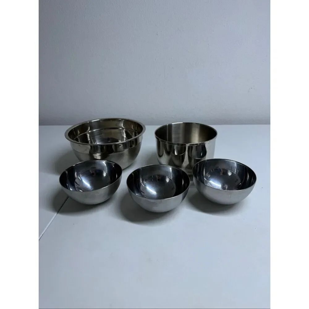Set of 5 Stainless Steel Mixing Bowls 3 IKEA + 2 Unbranded Nesting Kitchen Bowls